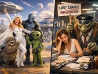 Яскрава 3D-сцена космодрому: дівчата, неземні істоти й зорельоти