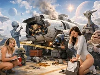 Дві дівчини та неземні істоти лагодять пошкоджений зореліт