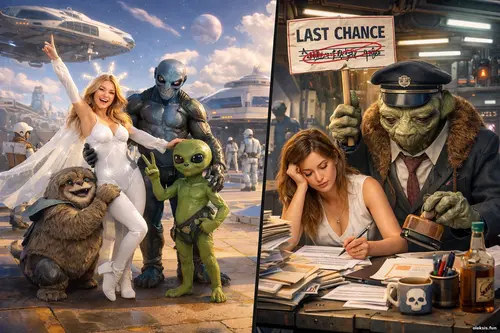 Яскрава 3D-сцена космодрому: дівчата, неземні істоти й зорельоти