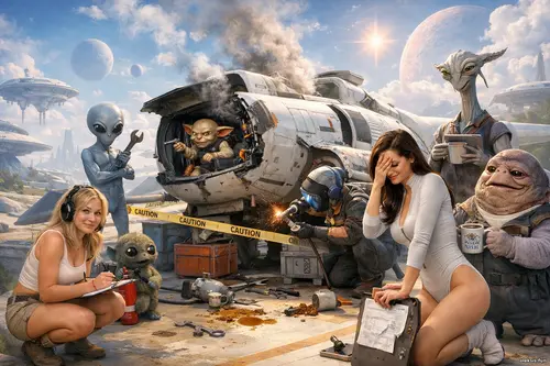 Дві дівчини та неземні істоти лагодять пошкоджений зореліт