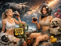 Дві дівчини серед уламків покинутого космічного корабля п’ють чай