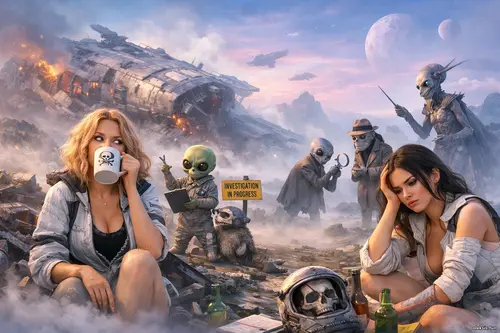 Туманна планета з уламками корабля: дві дівчини та інопланетяни