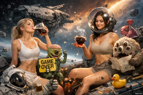 Дві дівчини серед уламків покинутого космічного корабля п’ють чай