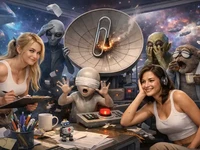 Дві дівчини серед неземних істот у яскравій космічній канцелярії