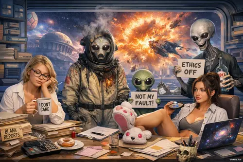 Свідок катастрофи в зоні «бланк» у режимі економії совісті Космічний архів: дві дівчини та інопланетяни серед паперів і бланків