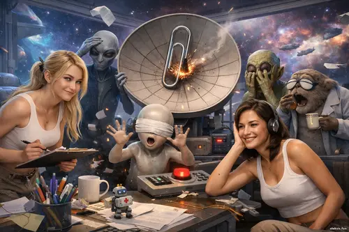 Дві дівчини серед неземних істот у яскравій космічній канцелярії