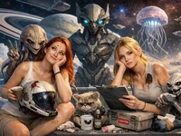 Дві дівчини серед інопланетян на тлі космосу, планет і кораблів сидять